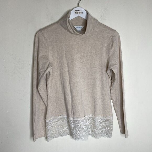 Sundance Beige Elan Turtleneck Lace Trim Blouse Long Sleeve Size Medium - Picture 2 of 13